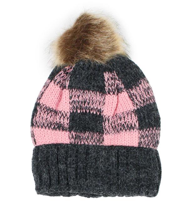 HATS I HAIR ACC :: BEANIES I HEADWRAP :: Wholesale Fleece Lined Plaid Pom Beanie