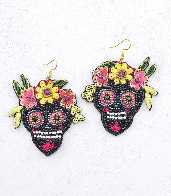 <font color=GREEN>HOLIDAYS</font> :: Wholesale Seed Bead Sugar Skull Earrings