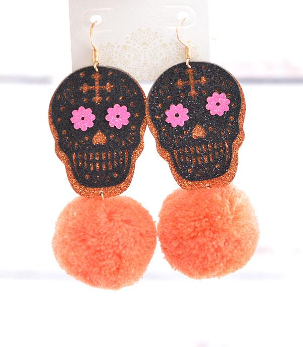 <font color=GREEN>HOLIDAYS</font> :: Wholesale Sugar Skull Pom Pom Earrings