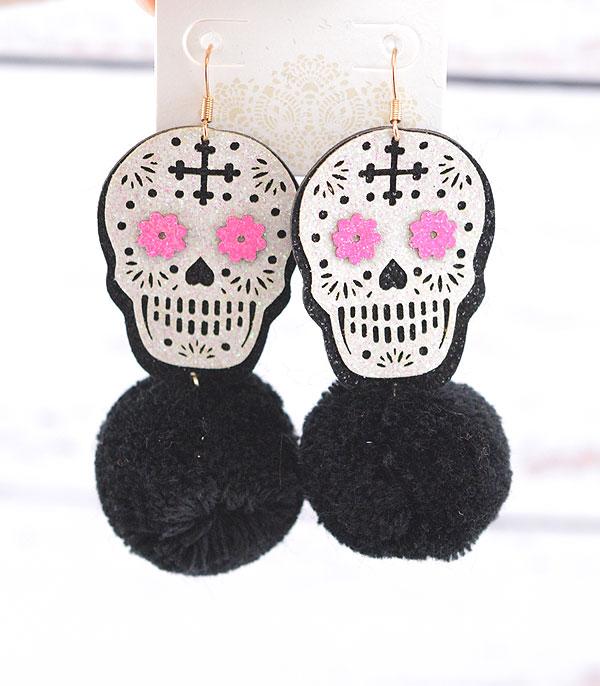 <font color=GREEN>HOLIDAYS</font> :: Wholesale Sugar Skull Pom Pom Earrings