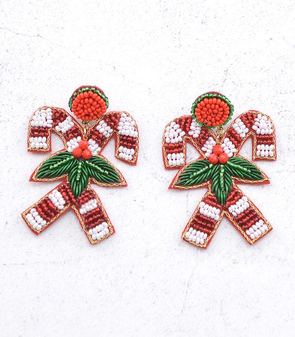 New Arrival :: Wholesale Seed Bead Christmas Candy Cane Earrings