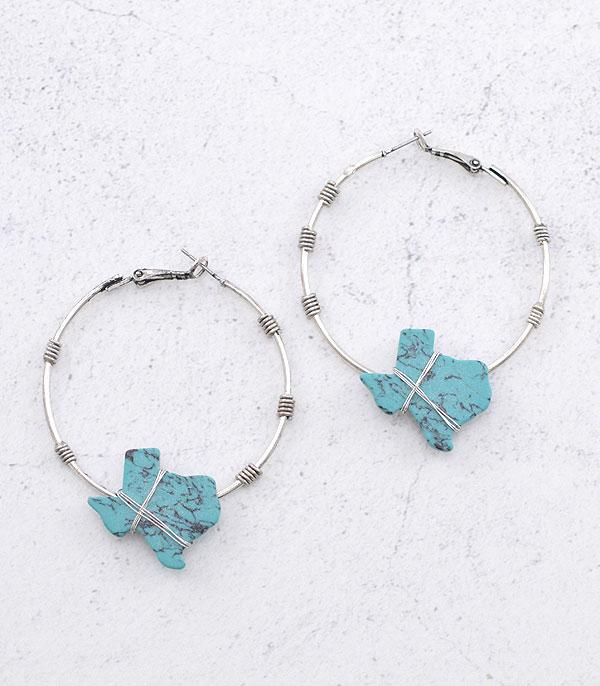 EARRINGS :: HOOP EARRINGS :: Wholesale Turquoise Semi Stone Texas Map Earrings