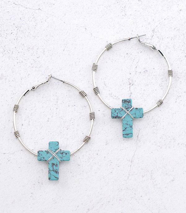 New Arrival :: Wholesale Turquoise Semi Stone Cross Hoop Earrings