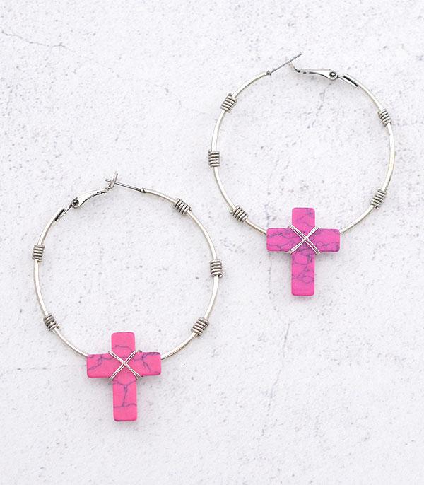 EARRINGS :: HOOP EARRINGS :: Wholesale Turquoise Semi Stone Cross Hoop Earrings