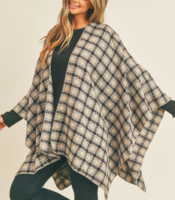 <font color=RED>PONCHOS SALE</font> :: Wholesale Fall Season Plaid Pattern Ruana