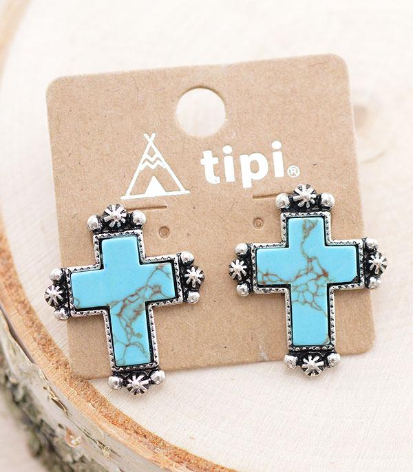 EARRINGS :: WESTERN POST EARRINGS :: Wholesale Tipi Turquoise Cross Earrings