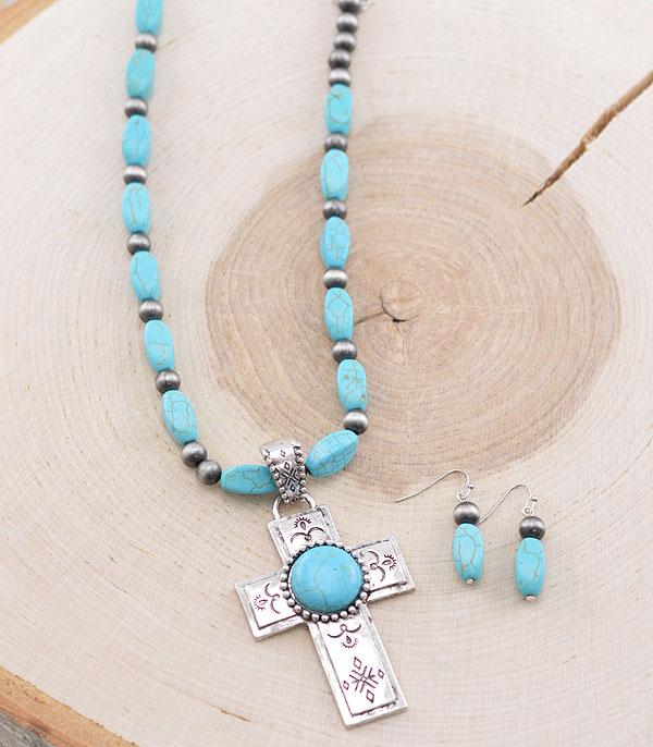 NECKLACES :: WESTERN LONG NECKLACES :: Wholesale Western Turquoise Cross Necklace Set