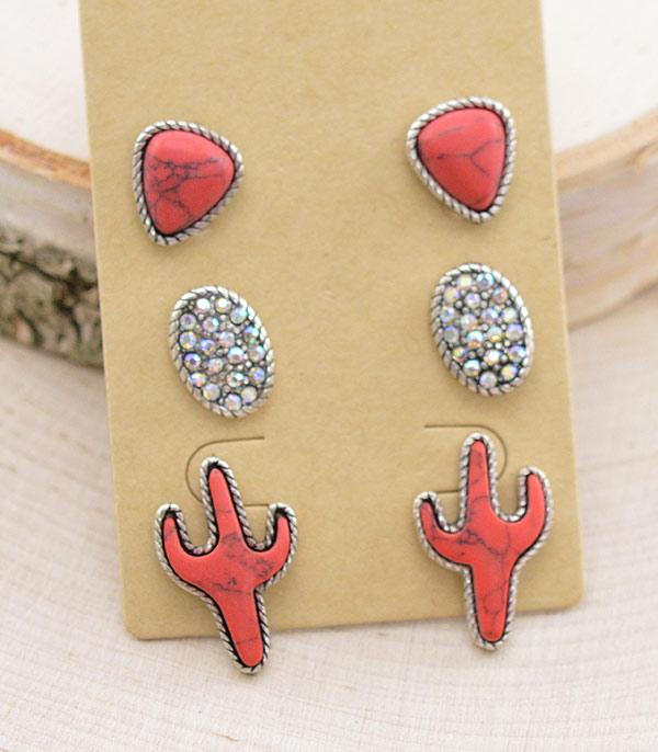 EARRINGS :: POST EARRINGS :: Wholesale Western Cactus 3PC Set Earrings