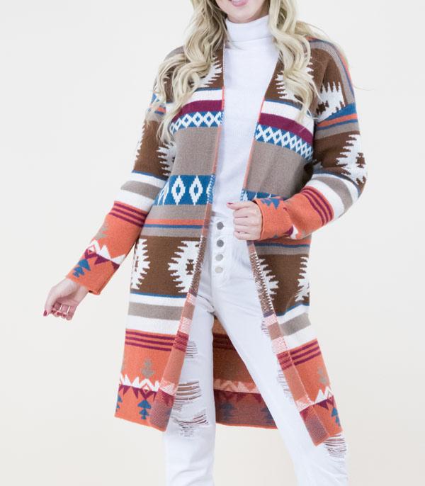 New Arrival :: Wholesale Western Aztec Pattern Long Cardigan