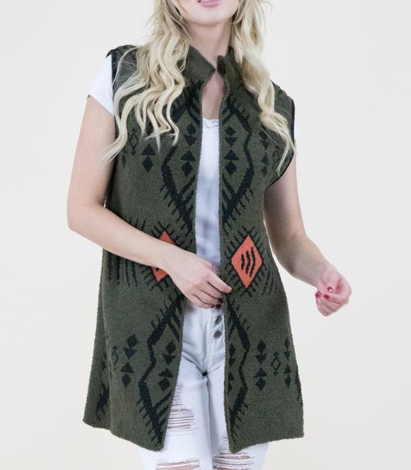 KIMONO I SCARVES :: VEST/ CARDIGAN :: Wholesale Western Aztec Pattern Sherpa Vest