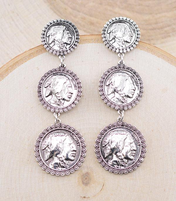 EARRINGS :: WESTERN POST EARRINGS :: Wholesale Western Indian Chief Coin Earrings