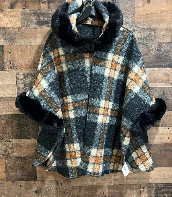 New Arrival :: Wholesale Plaid Cape Poncho With Hoodie