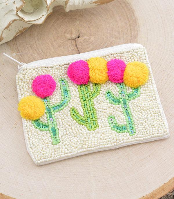 New Arrival :: Wholesale Cactus Pom Beaded Coin Purse