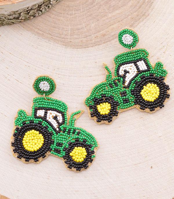 New Arrival :: Wholesale Beaded Green Tractor Earrings