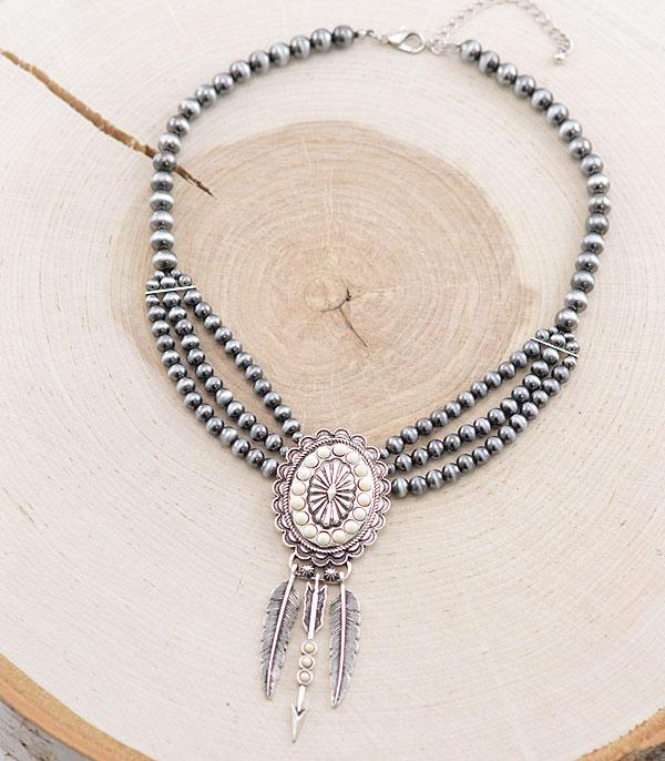 New Arrival :: Wholesale Western Concho Feather Charm Necklace