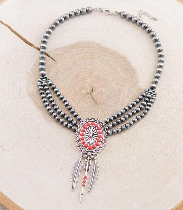 New Arrival :: Wholesale Western Concho Feather Charm Necklace