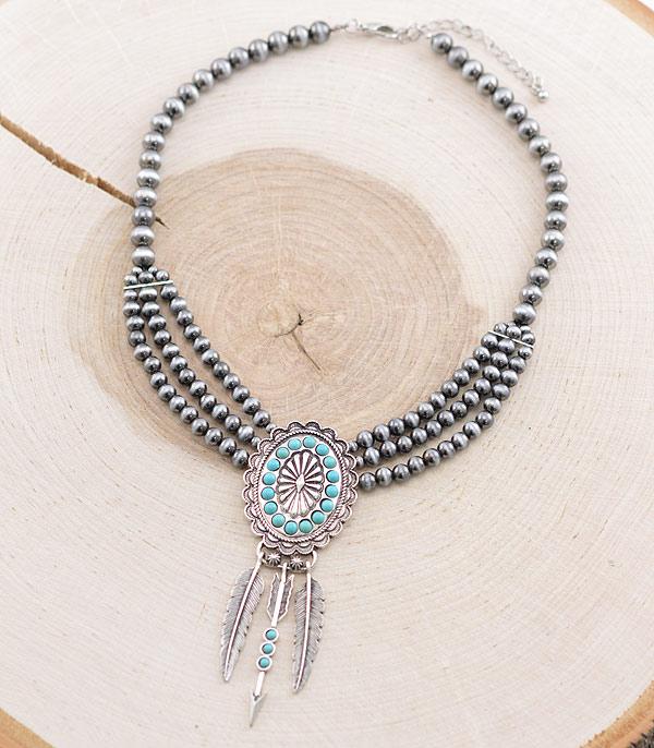 New Arrival :: Wholesale Western Concho Feather Charm Necklace