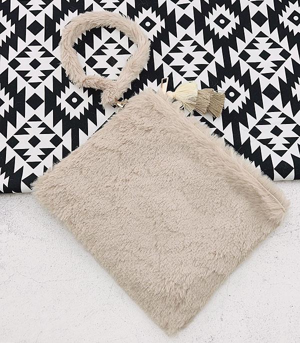 HANDBAGS :: CROSSBODY I CLUTCH BAGS :: Wholesale Soft Faux Fur Tassel Charm Pouch
