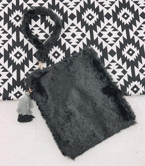 HANDBAGS :: CROSSBODY I CLUTCH BAGS :: Wholesale Soft Faux Fur Tassel Charm Pouch