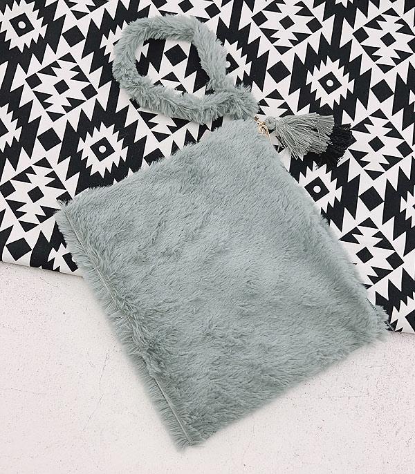 HANDBAGS :: CROSSBODY I CLUTCH BAGS :: Wholesale Soft Faux Fur Tassel Charm Pouch
