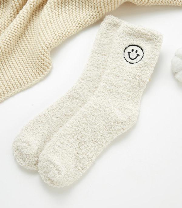 New Arrival :: Wholesale Happy Face Embroidered Soft Cozy Socks