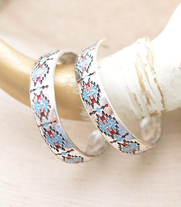 EARRINGS :: HOOP EARRINGS :: Wholesale Western Aztec Pattern Hoop Earrings