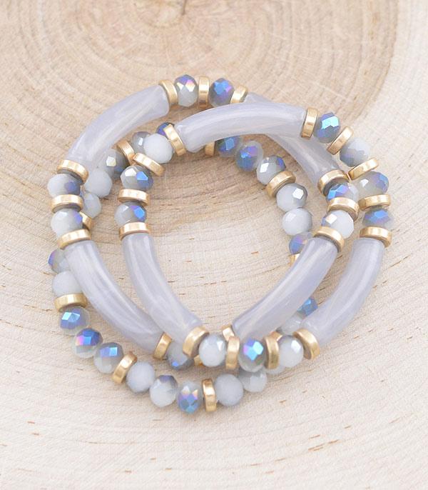 BRACELETS :: STRETCH-BEAD :: Wholesale 3PC Set Glass Stone Bead Bracelet