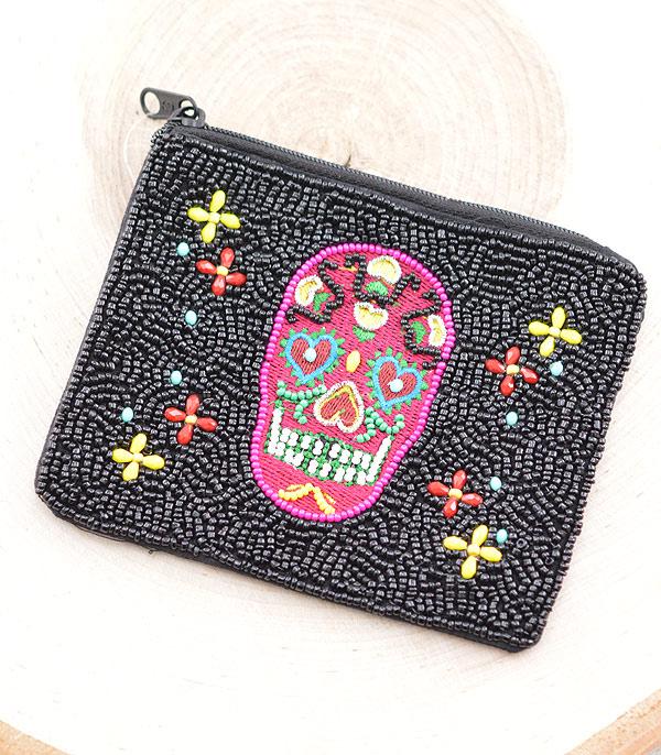 HANDBAGS :: WALLETS | SMALL ACCESSORIES :: Wholesale Sugar Skull Beaded Coin Bag