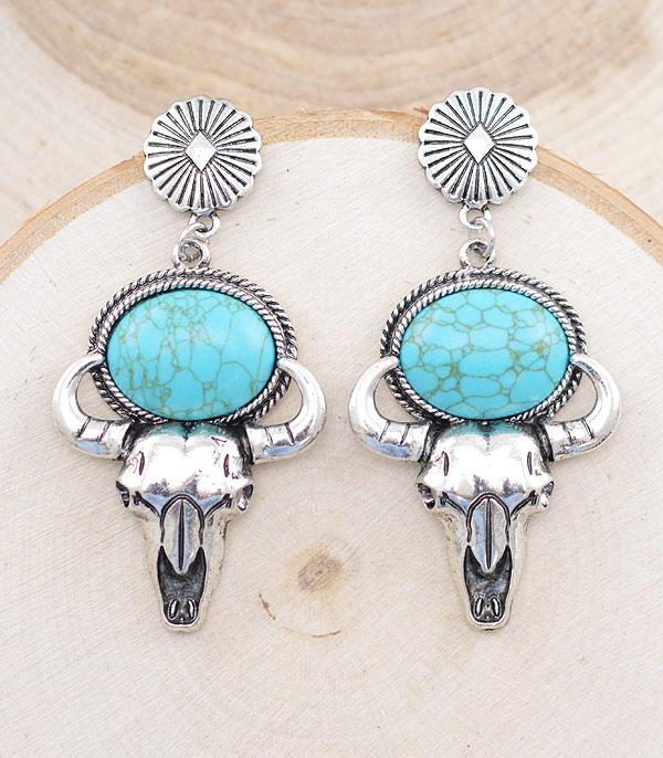 EARRINGS :: WESTERN POST EARRINGS :: Wholesale Tipi Turquoise Bull Skull Earrings