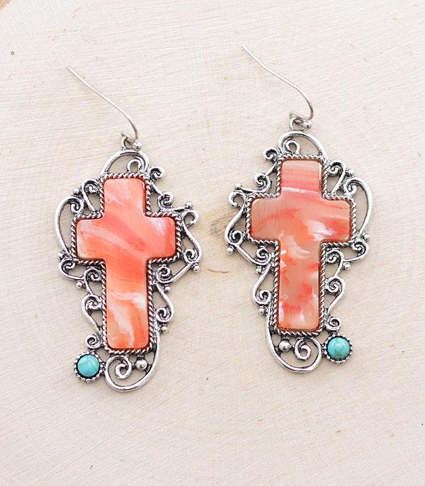 EARRINGS :: WESTERN HOOK EARRINGS :: Wholesale Western Semi Stone Cross Earrings