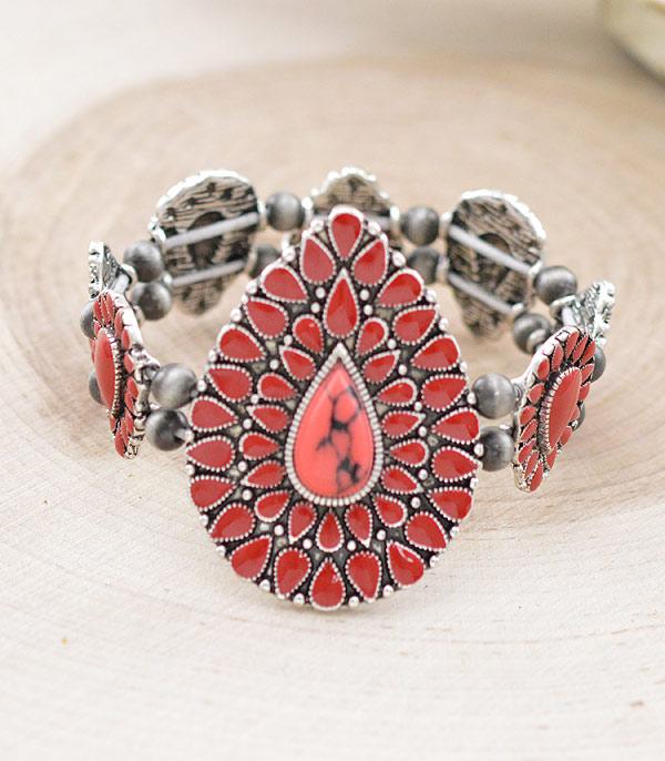 BRACELETS :: STRETCH :: Wholesale Western Coral Teardrop Concho Bracelet