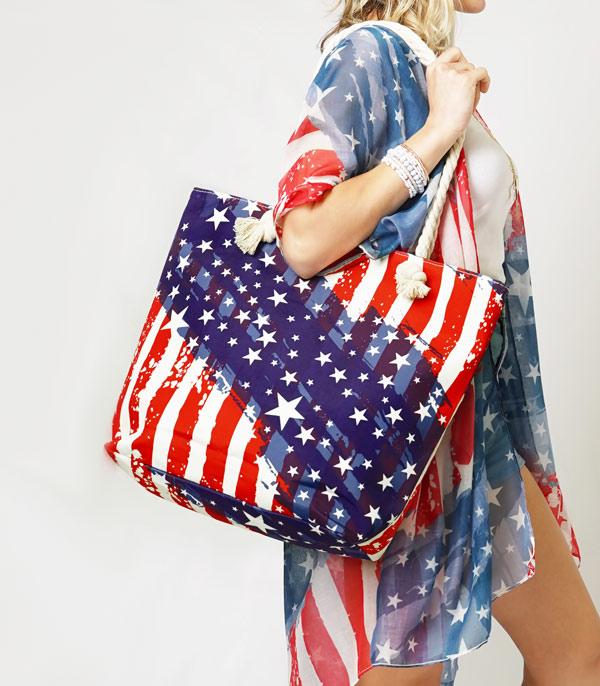 <font color=RED>RED,WHITE, AND BLUE</font> :: Wholesale USA Flag Print Canvas Tote