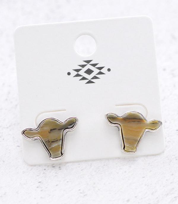 EARRINGS :: POST EARRINGS :: Wholesale Western Semi Stone Cow Earrings