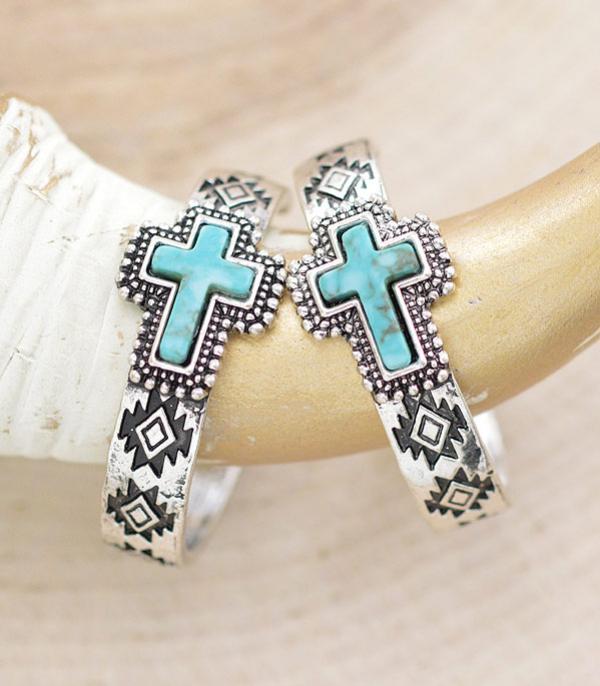 New Arrival :: Wholesale Aztec Turquoise Cross Hoop Earrings