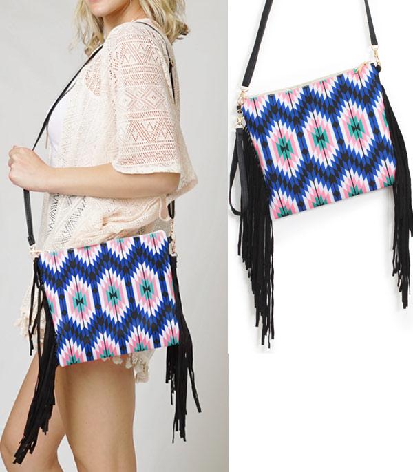 HANDBAGS :: CROSSBODY I CLUTCH BAGS :: Wholesale Aztec Fringe Crossbody Bag