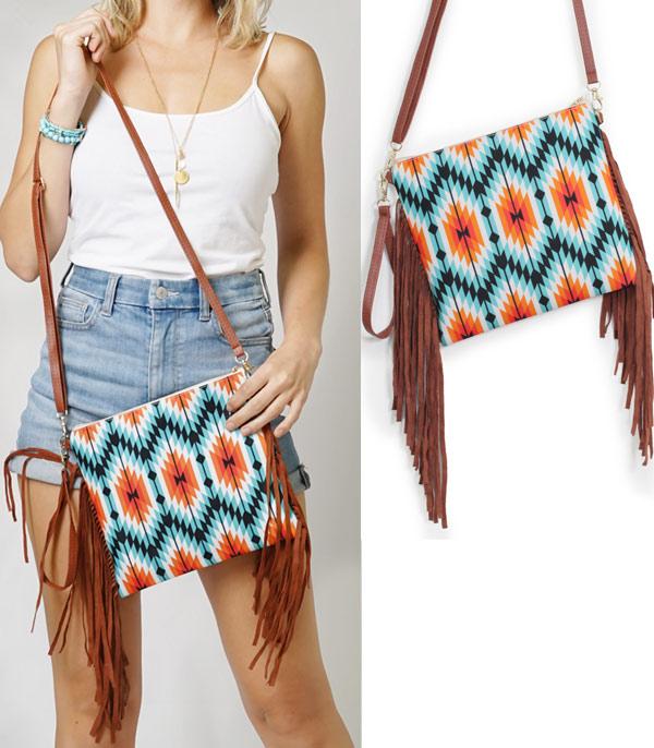 HANDBAGS :: CROSSBODY I CLUTCH BAGS :: Wholesale Aztec Fringe Crossbody Bag