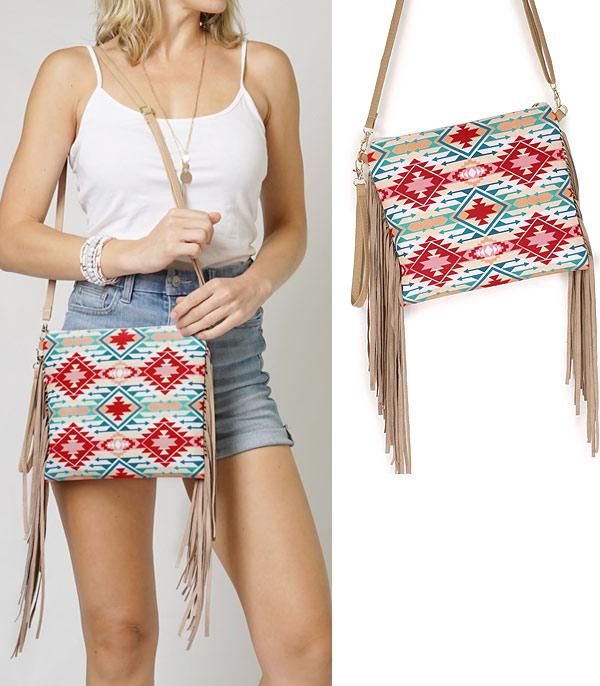 HANDBAGS :: CROSSBODY I CLUTCH BAGS :: Wholesale Western Aztec Fringe Crossbody Bag
