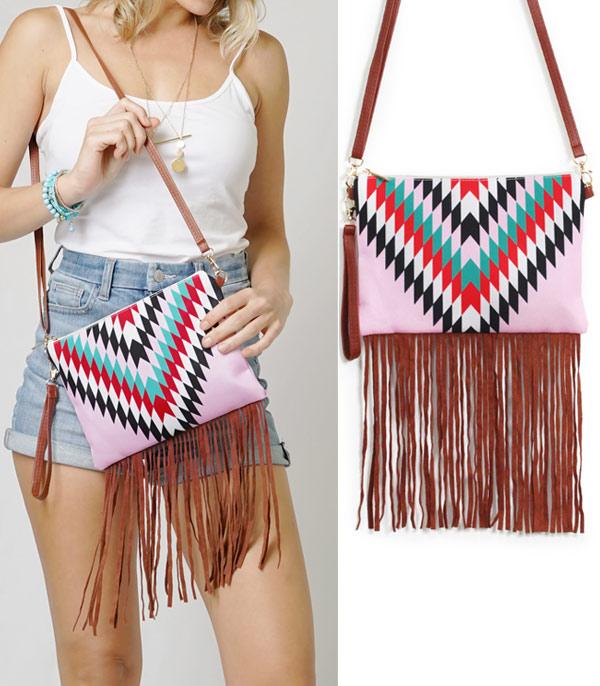 HANDBAGS :: CROSSBODY BAGS :: Wholesale Western Aztec Fringe Crossbody Bag