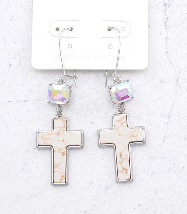 EARRINGS :: WESTERN HOOK EARRINGS :: Wholesale Turquoise Semi Stone Cross Earrings