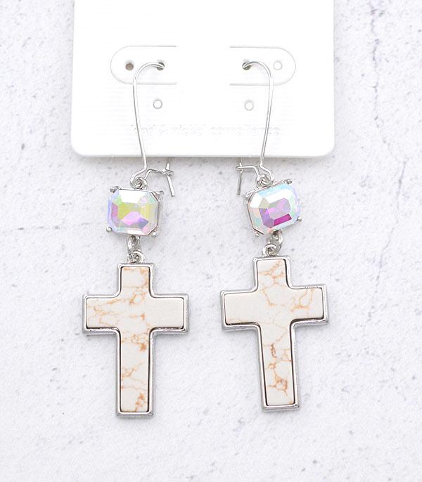 EARRINGS :: WESTERN HOOK EARRINGS :: Wholesale Turquoise Semi Stone Cross Earrings