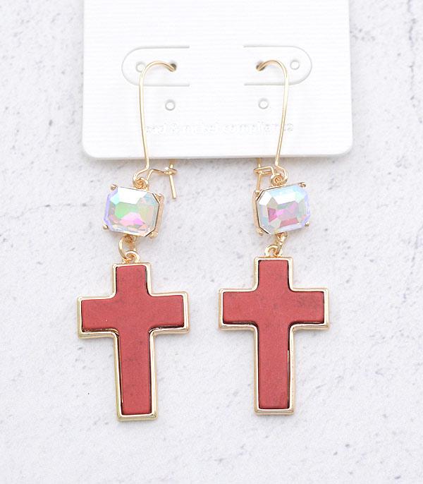 EARRINGS :: WESTERN HOOK EARRINGS :: Wholesale Western Semi Stone Cross Earrings