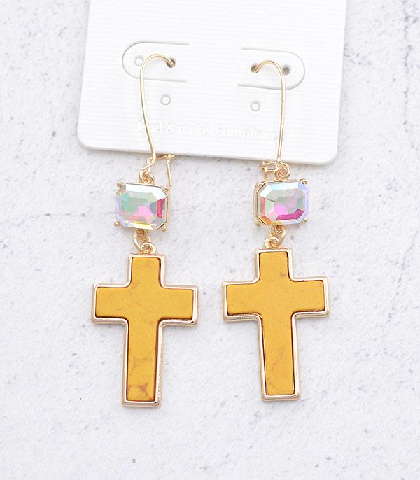 EARRINGS :: WESTERN HOOK EARRINGS :: Wholesale Semi Stone Cross Earrings