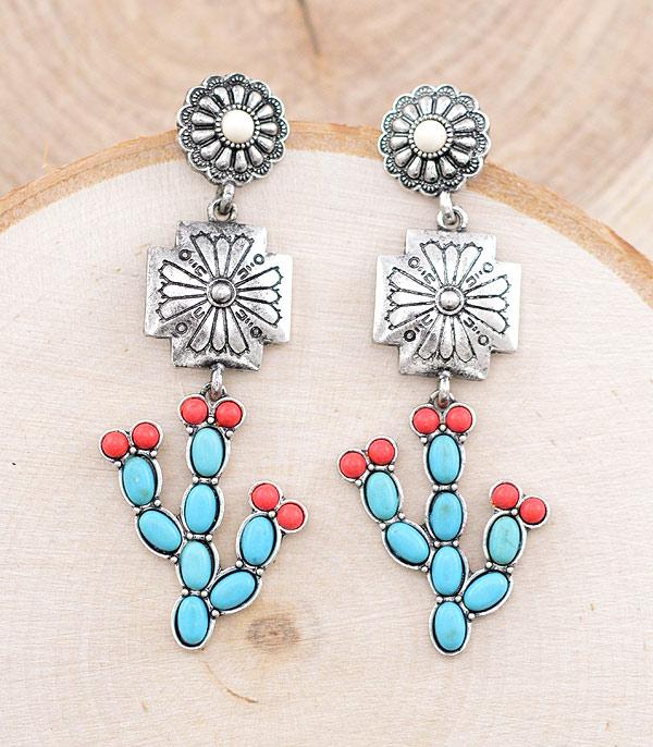 EARRINGS :: WESTERN POST EARRINGS :: Wholesale Western Turquoise Cactus Drop Earrings