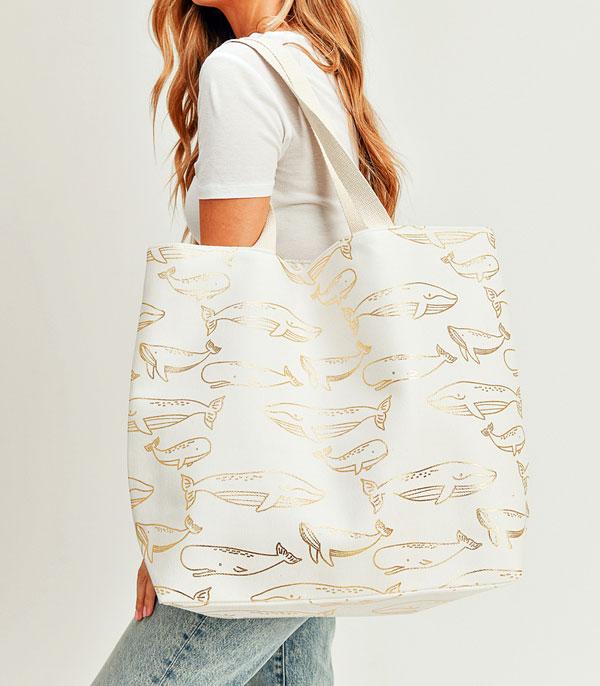 HANDBAGS :: FASHION :: Wholesale Gold Foil Whale Print Tote