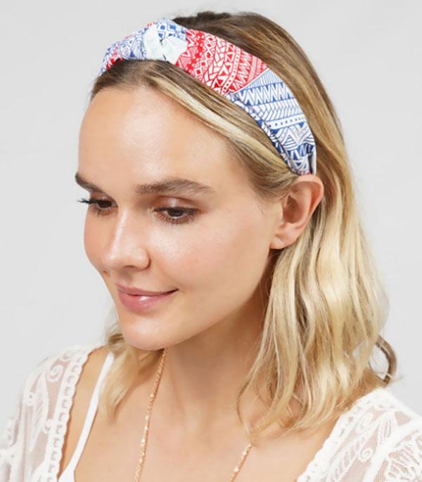 <font color=RED>RED,WHITE, AND BLUE</font> :: Wholesale Aztec Print Top Knot Headband