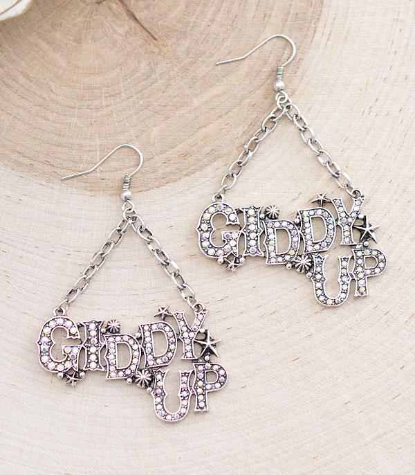 EARRINGS :: TRENDY EARRINGS :: Wholesale Rhinestone Giddyup Letter Earrings