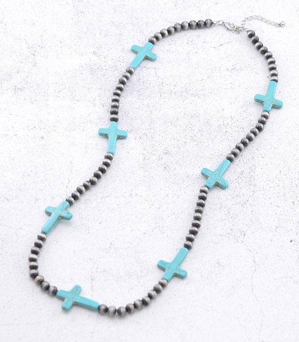 NECKLACES :: WESTERN LONG NECKLACES :: Wholesale Turquoise Cross Navajo Bead Necklace