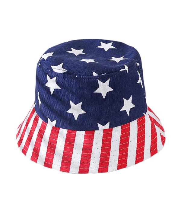 <font color=RED>RED,WHITE, AND BLUE</font> :: Wholesale American Flag Cotton Bucket Hat