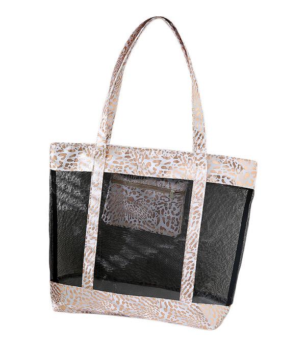 HANDBAGS :: FASHION :: Wholesale Leopard Trim Summer Mesh Tote