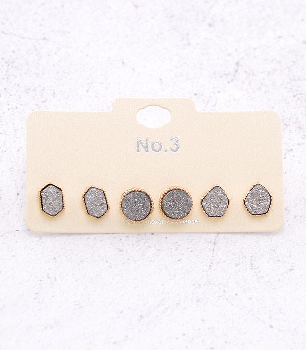 EARRINGS :: POST EARRINGS :: Wholesale 3PC Set Druzy Post Earrings